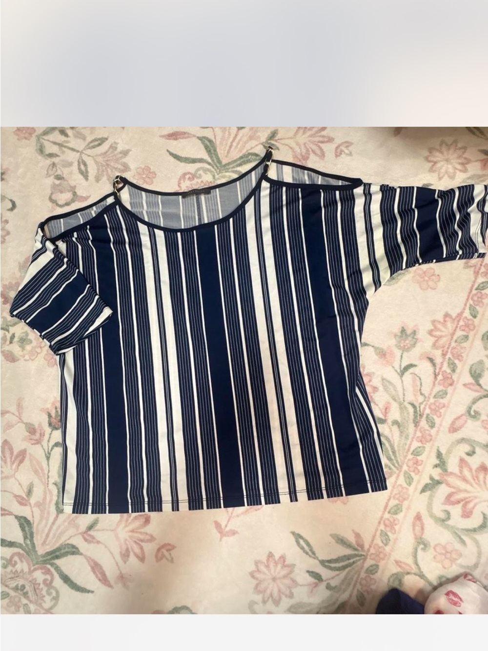 Suzy Shier Navy and White Striped Cold-Shoulder Tee